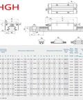 Technical diagram of Heavy Duty HGR20 1000mm Linear Guide Rail Kit with 4 HGH20CA Blocks and specifications chart