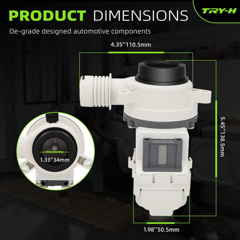 Washer Drain Pump Replacement For Whirlpool Maytag Crosley Kenmore Easy DIY Install Quiet Durable Pump Fits Select Models Like 8TWTW5010PW0 8TWTW5057PW0 WTW5000DW3 WTW6120HC1 HC3 MVW4505MW1, dimensions shown