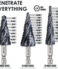Close-up of Workhorse Four Flute Step Drill Bit Set for Metal and Wood With TiAlN Wear-Resistant Cobalt Coating One Quarter Inch Hex Shank