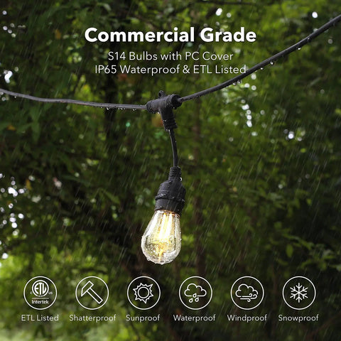 48 Feet Outdoor String Lights With 24 LED Bulbs, Smart Dimmable Shatterproof Patio Lighting in rain with IP65 rating