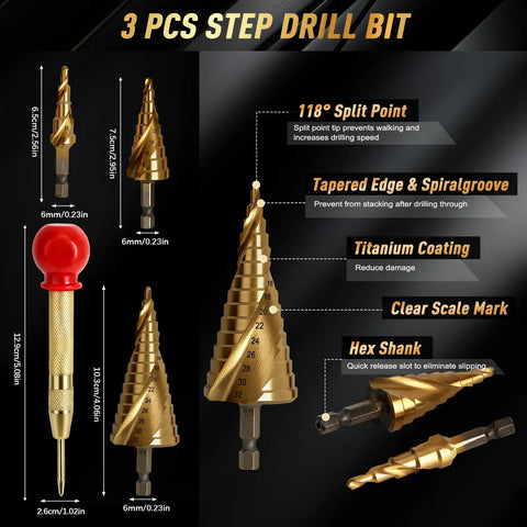 All In One 35 Piece Drill Bit Kit With 3 Step Drills 4 To 12, 4 To 20, 4 To 32, featuring titanium coated high-speed steel