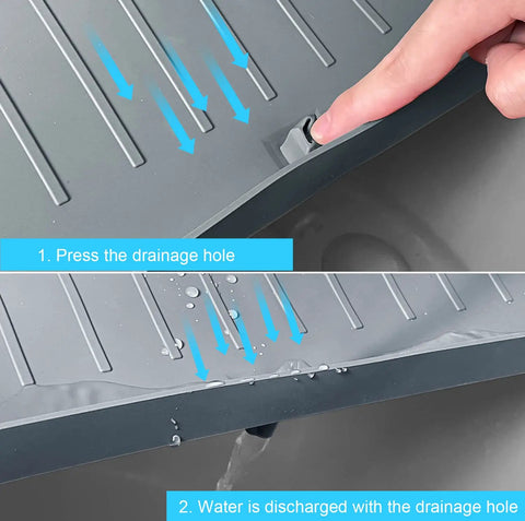 Using the drainage hole on the 34 Inch By 22 Inch Under Sink Mat Waterproof Silicone Drip Tray With Drain Hole Cabinet Protector.