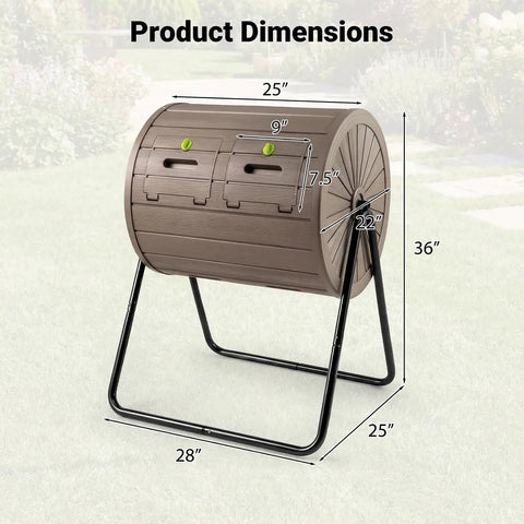 Front view of Dual Chamber Compost Bin With 360 Degree Rotating Tumbler 37.5 Gallon Outdoor Bin On Sturdy Metal Stand Lockable Doors BPA Free Plastic Ideal For Kitchen Garden And Yard Waste, against a yard backdrop, with dimensions shown in inches.