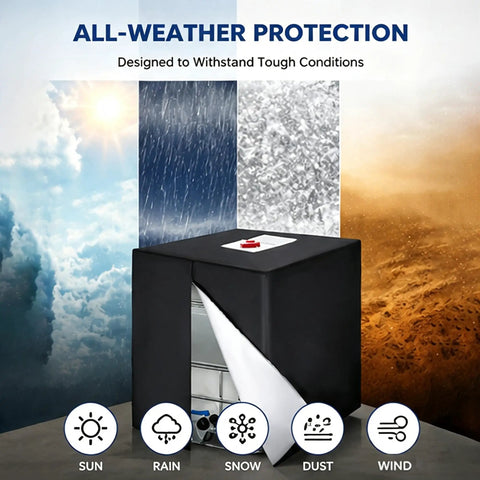 Durable Oxford IBC Tote Tank Cover For 330 Gallon Totes black cover shown for sun, rain, snow, dust, and wind protection
