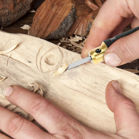 Close-up of Hardcore Tungsten Steel Scribing Chisel Set Featuring Seven Ultra Slick Blades Spanning Point One To Two Millimeters With Dead On Accuracy For Smooth Resin And Scale Model Detail Crafting used on wood.