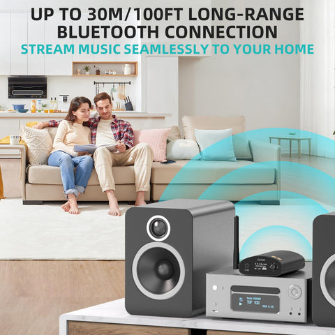 DS500 Hi-Res Bluetooth 5.3 Receiver With Audiophile 32-Bit 384kHz DAC in home stereo setup with speakers and couple on sofa