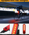 Cyclist on road with Amped Up Bright USB C Rechargeable Bike Light Set For Night Riding And Off Road MTB Trails Waterproof.