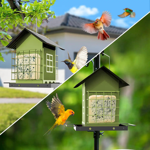 Heavy Duty Outdoor Bird Feeder With Double Suet Cage Hanging Metal Construction Weatherproof Finish Large Capacity
