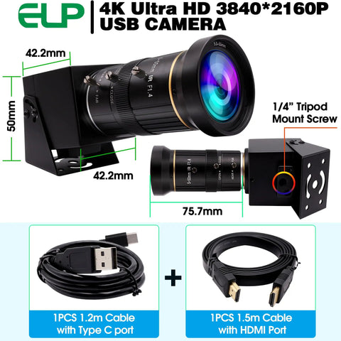 Ultra Clear 4K USB HDMI Camera With Manual Zoom And Variable Focus Featuring 5 To 50mm Lens Built On IMX415 Sensors with cables.