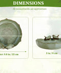 Dimensions of the 10 Inch Shallow Ceramic Bird Bath Bowl For Outdoors Handmade Garden Bird Bath Water Dish Tabletop Balcony And Lawn Wildlife Waterer With Weather Resistant Glaze Anti Roll Over Safe For Birds To Drink And No Peeling Paint, showing 9.8-inch diameter and 3-inch height.
