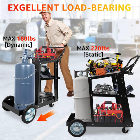 Heavy Duty Welding Cart For MIG TIG Welders And Plasma Cutters With 3 Tilt Table Layers, holding tools and gas cylinder