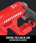 Close-up of red Corded 6.5 Amp String Trimmer handle with text 'Craftsman', focus on push button line feed feature.