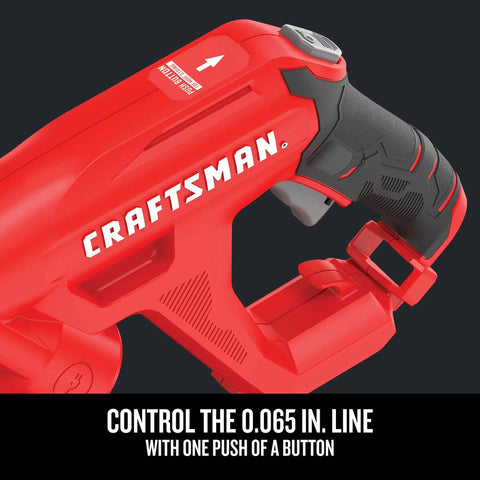 Close-up of red Corded 6.5 Amp String Trimmer handle with text 'Craftsman', focus on push button line feed feature.