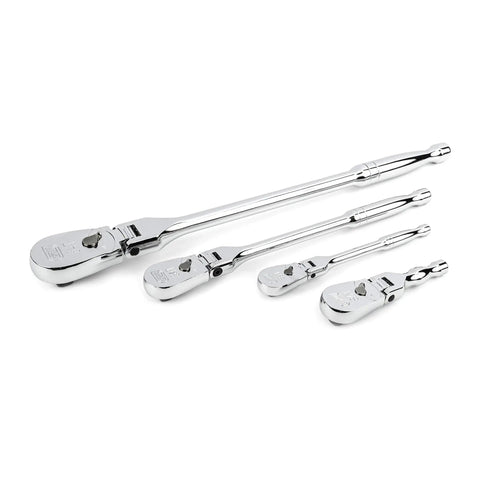 4 Piece Flex Handle Ratchet Set With 84 Tooth Ratchets, Low Profile Teardrop Heads, Bright Chrome Finish displayed on white background