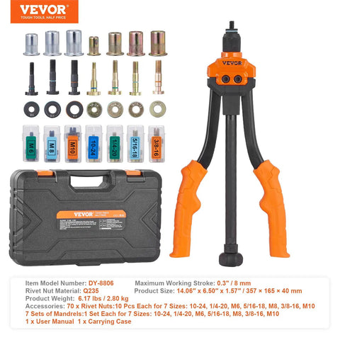 14 Inch Rivet Nut Tool Kit With 7 SAE And Metric Mandrels, 70 Assorted Rivet Nuts, orange tool, and rugged carrying case