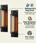 Industrial Outdoor Porch Wall Light Sconce Set Of 2 in Matte Black with protective glass cylinder and steampunk cage.