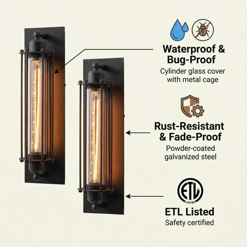 Industrial Outdoor Porch Wall Light Sconce Set Of 2 in Matte Black with protective glass cylinder and steampunk cage.