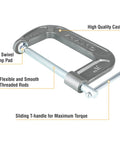 Heavy Duty C Clamp 5 Inch By 3.25 Inch Built Tough For Woodworking And Home Projects, Steel Clamp With Smooth Swivel, High Friction Frame, Ergonomic Grip For Precise, Reliable Hold. cast steel C clamp with T-handle and swivel pad