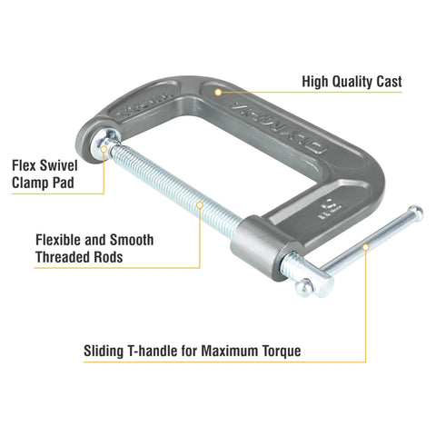 Heavy Duty C Clamp 5 Inch By 3.25 Inch Built Tough For Woodworking And Home Projects, Steel Clamp With Smooth Swivel, High Friction Frame, Ergonomic Grip For Precise, Reliable Hold. cast steel C clamp with T-handle and swivel pad