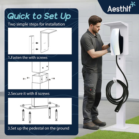 Quick setup of Outdoor EV Charger Pedestal Stand For Tesla And J1772 Type 2 Chargers Built Tough Weatherproof And Corrosion Resistant Easy To Install White Finish Plug And Play Setup Works With Wall Connector Gen 3 And Other Chargers