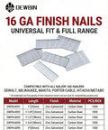 Jam Free Smooth Ride For Cordless Nailers 16 Gauge Finish Nails Two Inch Galvanized Straight Head 1000 Count Pack displayed with compatibility details.