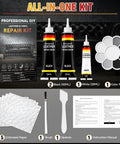 Black Leather Repair Kit and Vinyl Patch Crushes Nasty Scratches, Cracks and Holes on Cars, Furniture, Sofa and Couch, and Pet Damage and Jacket Using Pro Fill for Total Glow Up Restore Shine Soft Texture to Beat Up Surfaces Easily, featuring two 50ml black creams and accessories.