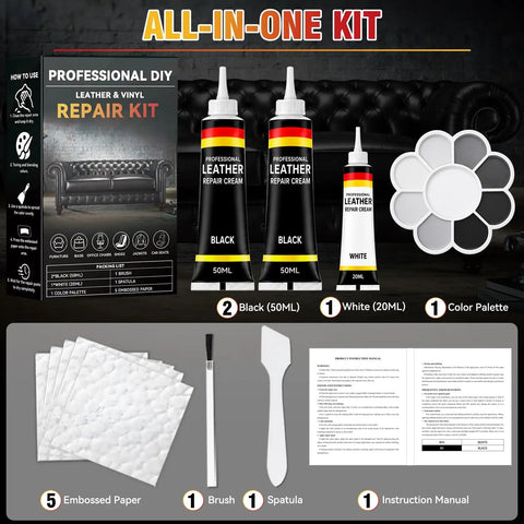 Black Leather Repair Kit and Vinyl Patch Crushes Nasty Scratches, Cracks and Holes on Cars, Furniture, Sofa and Couch, and Pet Damage and Jacket Using Pro Fill for Total Glow Up Restore Shine Soft Texture to Beat Up Surfaces Easily, featuring two 50ml black creams and accessories.