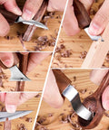 Close-up of hands using 7 In 1 Wood Carving Kit For Beginners With Hook Knife Whittling Knife to carve wood shavings