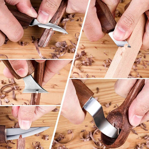 Hands using 7 In 1 Wood Carving Tool Set For Beginners Featuring Hook Knife, Grain Tool, Oblique Tool on wood