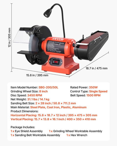 Heavy Duty Eight Inch Bench Grinder Paired With Two By Twenty Eight Belt Sander Combo with LED Light and Shield, robust design for metal work.