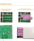 Installation steps for No Sweat Tool Free DC5521 Battery Enclosure; shows circuit board and battery insertion.