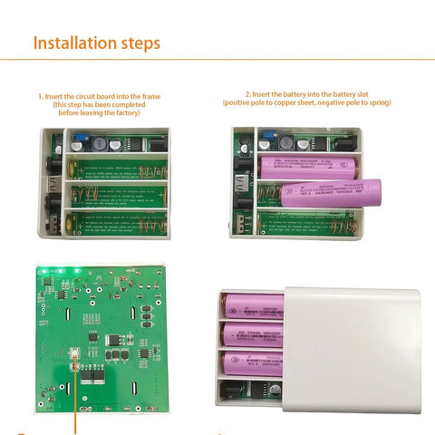 Installation steps for No Sweat Tool Free DC5521 Battery Enclosure; shows circuit board and battery insertion.