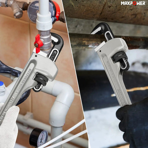 Aluminum Pipe Wrench Set For 10 Inch 14 Inch And 18 Inch Pipes With 1 Inch 2 Inch And Two And A Half Inch Jaw Capacity in use