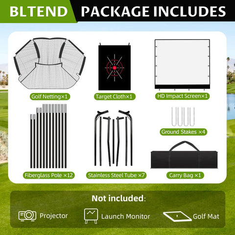 Package contents of Spacious 11x8ft Golf Simulator Hitting Net With Dual Layer HD Impact Screen, showing components and carry bag.