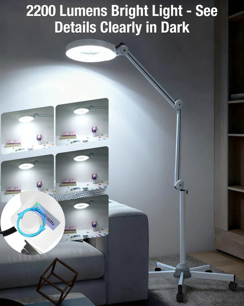 Lit LED Magnifying Lamp With Stand And Rolling Base, 4.9 Inch Lens, 2,200 Lumens, spotlighting a room setting, stepless dimmable