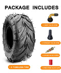 145/70-6 Tubeless Go Kart And Mini Bike Tire with valve stem, core, and cap package, flame tread pattern shown.