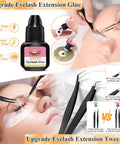 Close-up of All In One Lash Extension Practice Kit For Beginners with mannequin head and eyelash glue with tweezers.