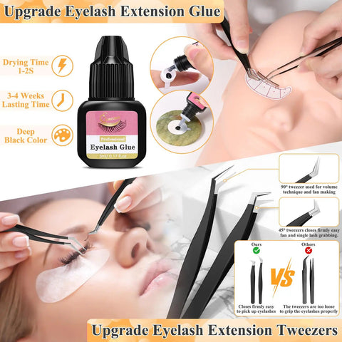 Close-up of All In One Lash Extension Practice Kit For Beginners with mannequin head and eyelash glue with tweezers.