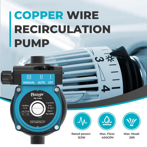 High Performance Hot Water Recirculating Pump 123W 115V Automatic Cast Iron Head 400GPH with copper wire and control settings.