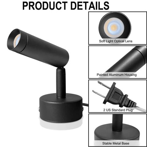 2 Pack Mini LED Indoor Spot Lights With 3W Warm White 3000K Uplights Plug In Floor Accent Lighting For Plants Artwork Photos Desks