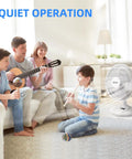 Family enjoying music next to Oscillating Table Fan With Quiet Operation, 12 Inch Size, Three Speed Settings, Adjustable Tilt Head, Safety Grill