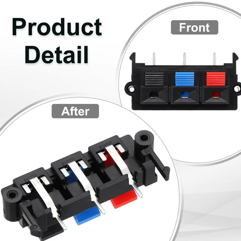 Three Way Spring Terminal Clip Push Release Connector Plate Jack Socket For Speakers Color Coded Red Blue Black 50mm By 25mm By 21mm