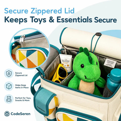 Insulated Kids Bike Basket with two in one handlebar and shoulder bag showing zippered lid and storage space with toys and essentials.