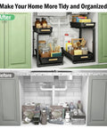 Before and after images of Heavy Duty Hella Spacious Pull Out Under Sink Organizer With Slick Sliding Bottom Tray For Kitchen Cabinets Bathroom Vanities And Pantries No Hassle Multi Purpose Rack.