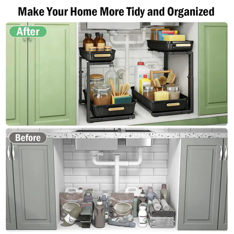 Before and after images of Heavy Duty Hella Spacious Pull Out Under Sink Organizer With Slick Sliding Bottom Tray For Kitchen Cabinets Bathroom Vanities And Pantries No Hassle Multi Purpose Rack.