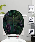Round Intricate Dragonfly Green Foliage Purple Flowers Toilet Seat on a toilet with durable resin construction and soft-close features.