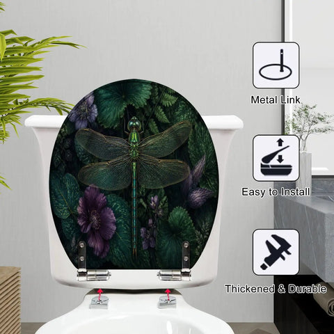 Round Intricate Dragonfly Green Foliage Purple Flowers Toilet Seat on a toilet with durable resin construction and soft-close features.