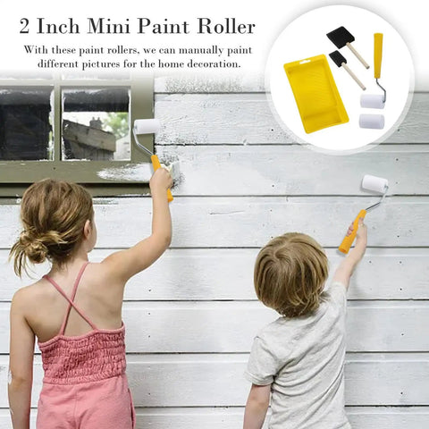 Kids using a 2 inch mini paint roller from the Heavy Duty Paint Roller Kit With Precision Trim Brush For Tough Corners And Crisp Lines.