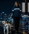 Night Reflective Spray 100ml Safety Fluorescent Paint Invisible Daytime bottle with woman walking dog on city street at night.