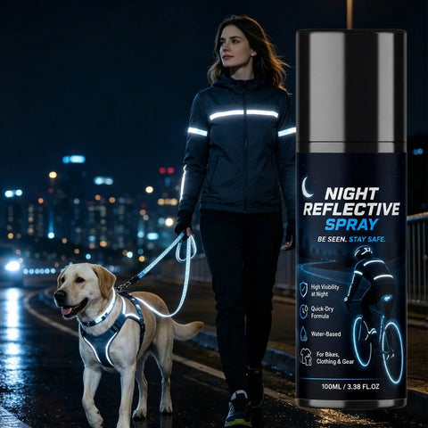 Night Reflective Spray 100ml Safety Fluorescent Paint Invisible Daytime bottle with woman walking dog on city street at night.